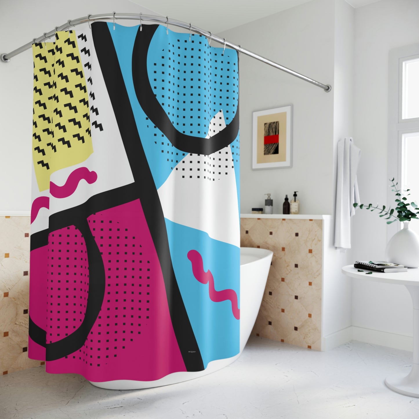 Polyester Shower Curtain Retro 1980s Abstract Geometric Design - Tick Tack Triangle