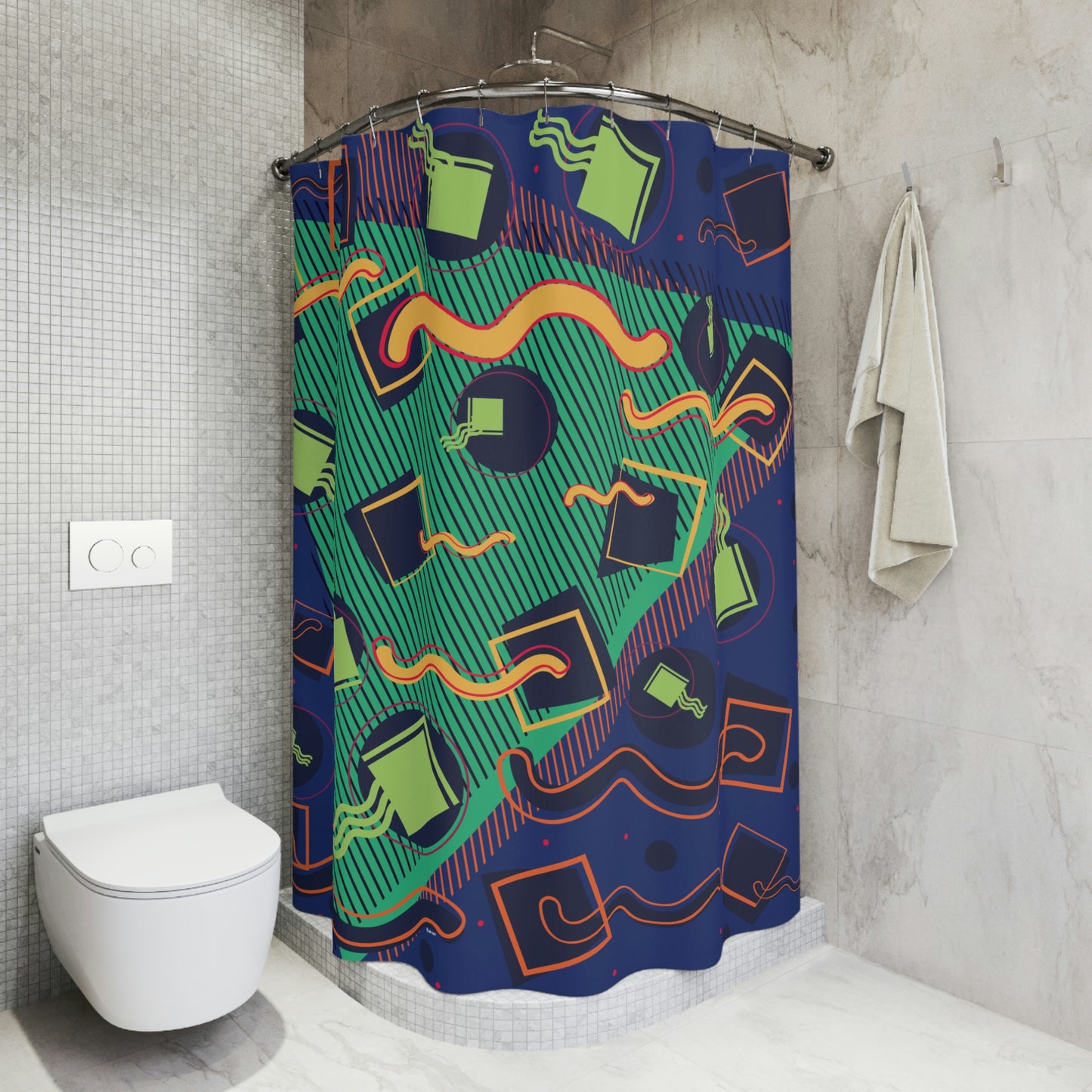 Polyester Shower Curtain Retro 1980s Abstract Geometric Design Bermuda Fish and Bait