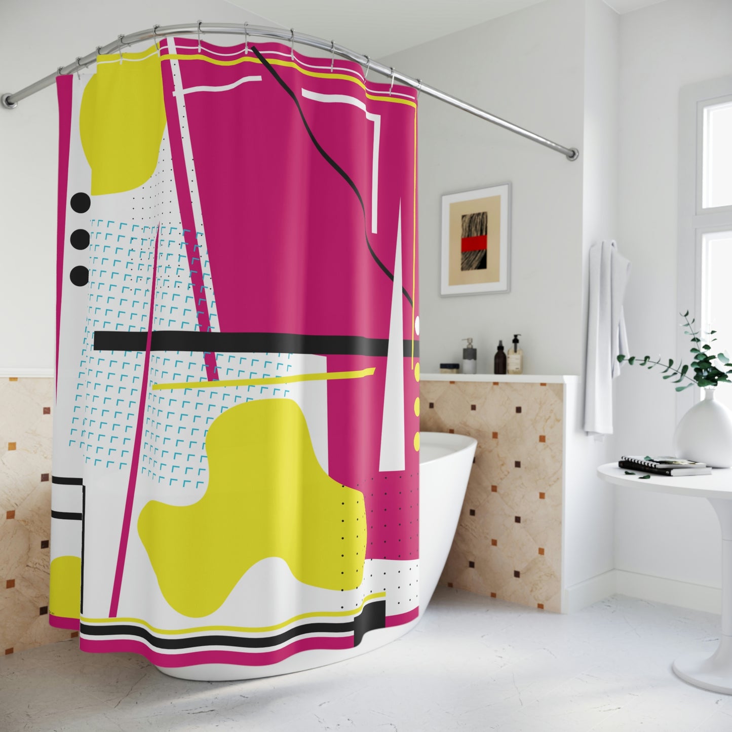 Polyester Shower Curtain Retro 1980s Abstract Geometric Design - Pink and Yellow