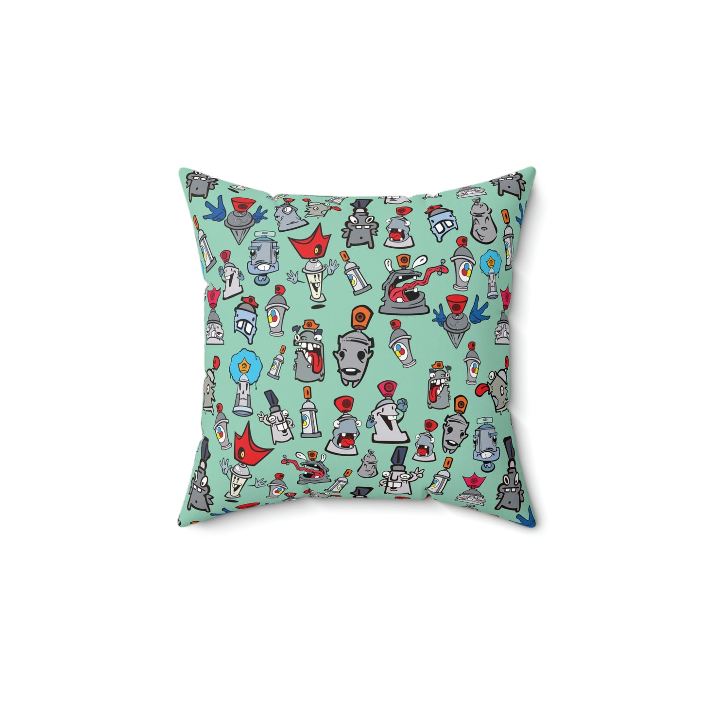 Spun Polyester Square Pillow  - Graffiti Cartoon Characters in Teal Color