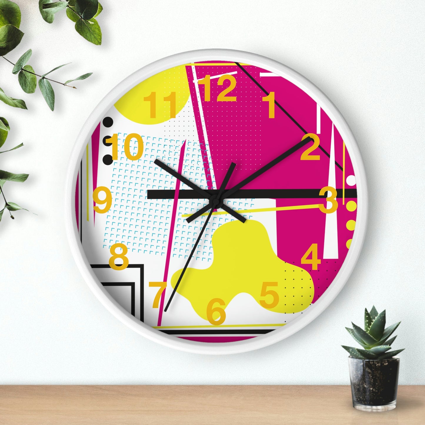 Hot Pink and Yellow Retro Inspired 1980s Wall Clock