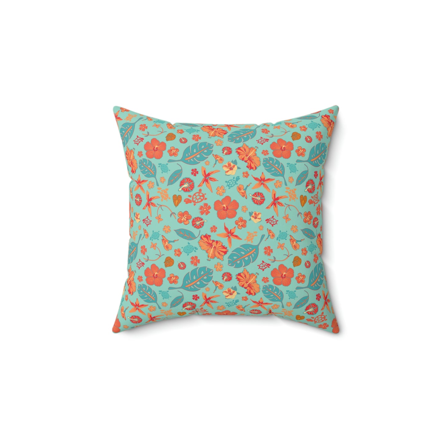 Spun Polyester Square Pillow  - Tropical Floral Print  -  Flowers and Turtles -