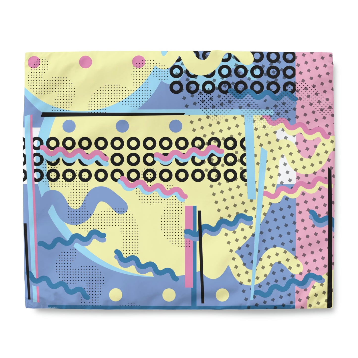 1980s Retro Graphic Art Abstract - Gridded Circles and Squiggles - Duvet Cover