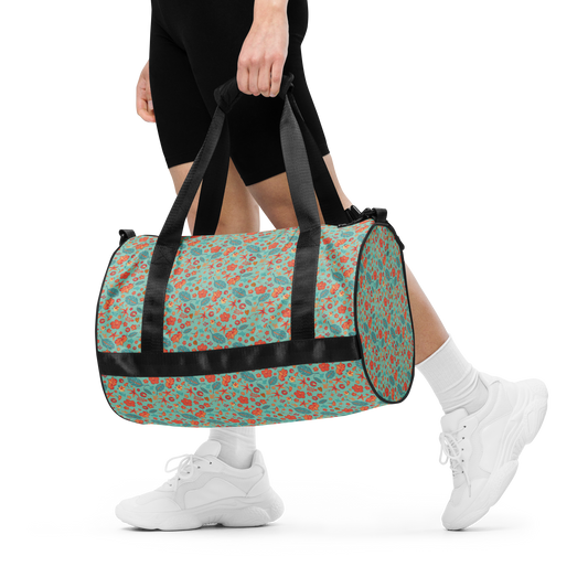 Teal and Orange Flowers and Turtles Printed Duffel Bag