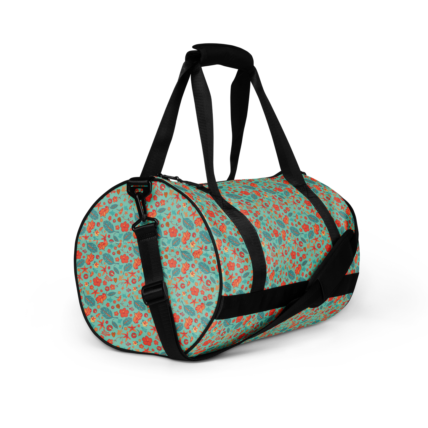 Teal and Orange Flowers and Turtles Printed Duffel Bag