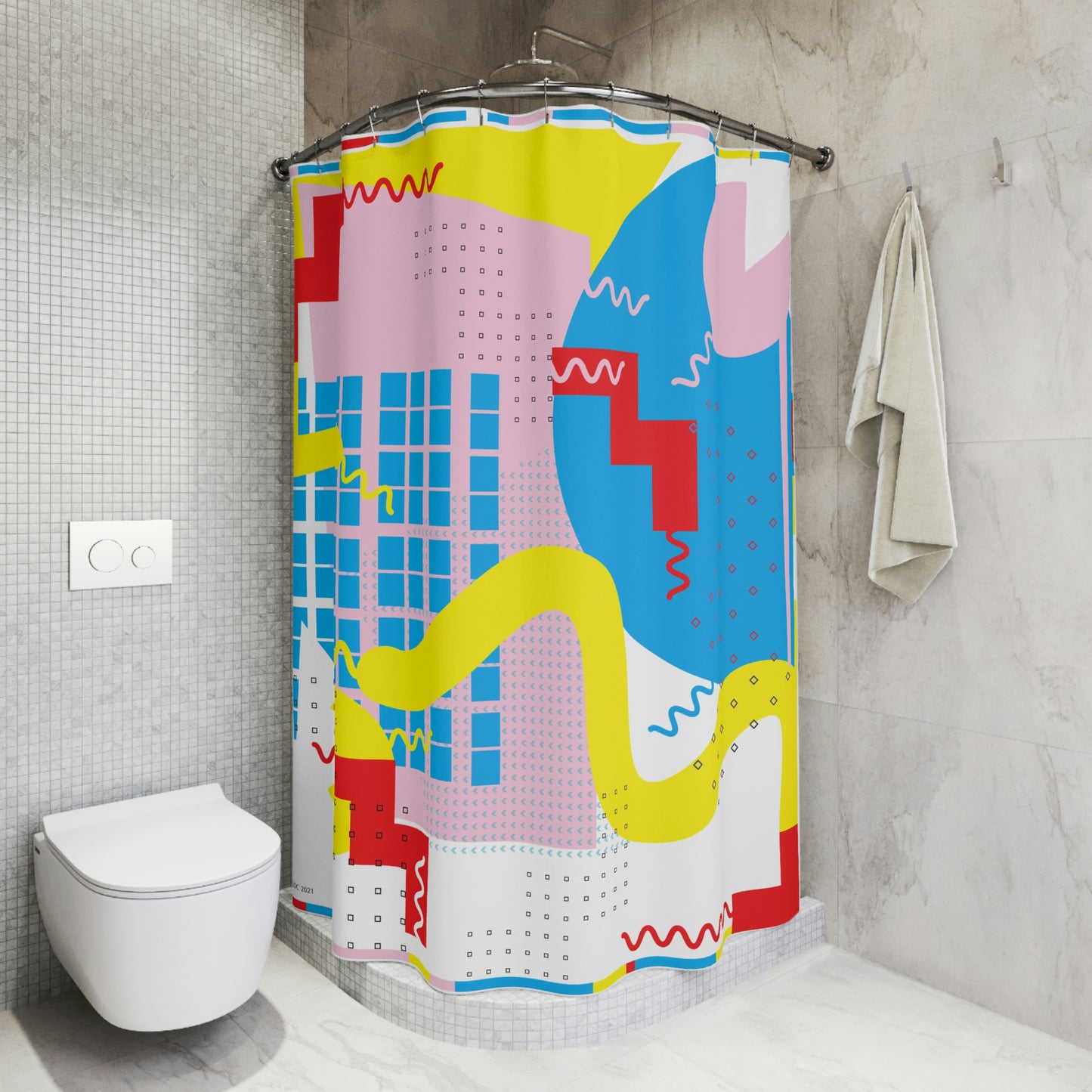 Pink and Yellow Polyester Shower Curtain Retro 1980s Abstract Geometric Design