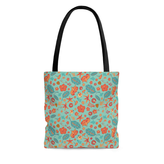 Teal and Orange Flowers Starfish and Leaves Tote Bag