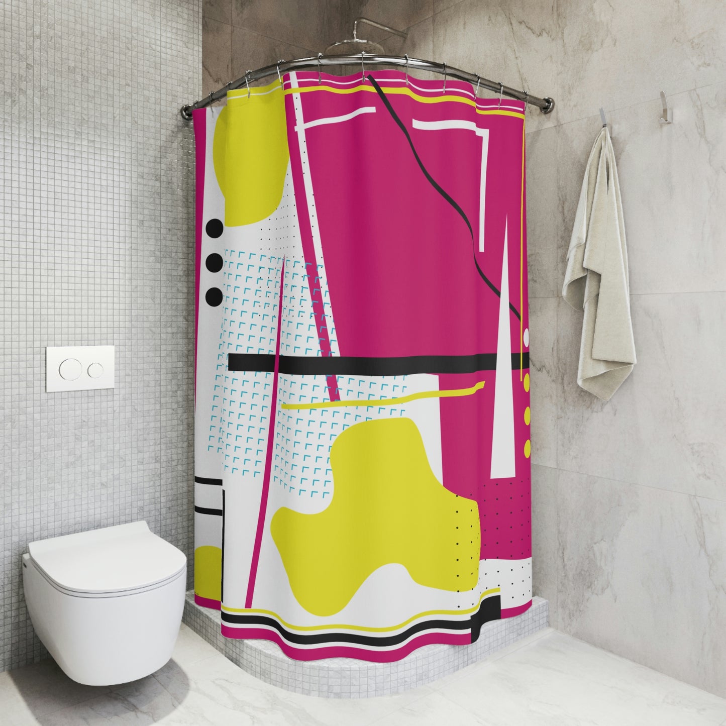 Polyester Shower Curtain Retro 1980s Abstract Geometric Design - Pink and Yellow