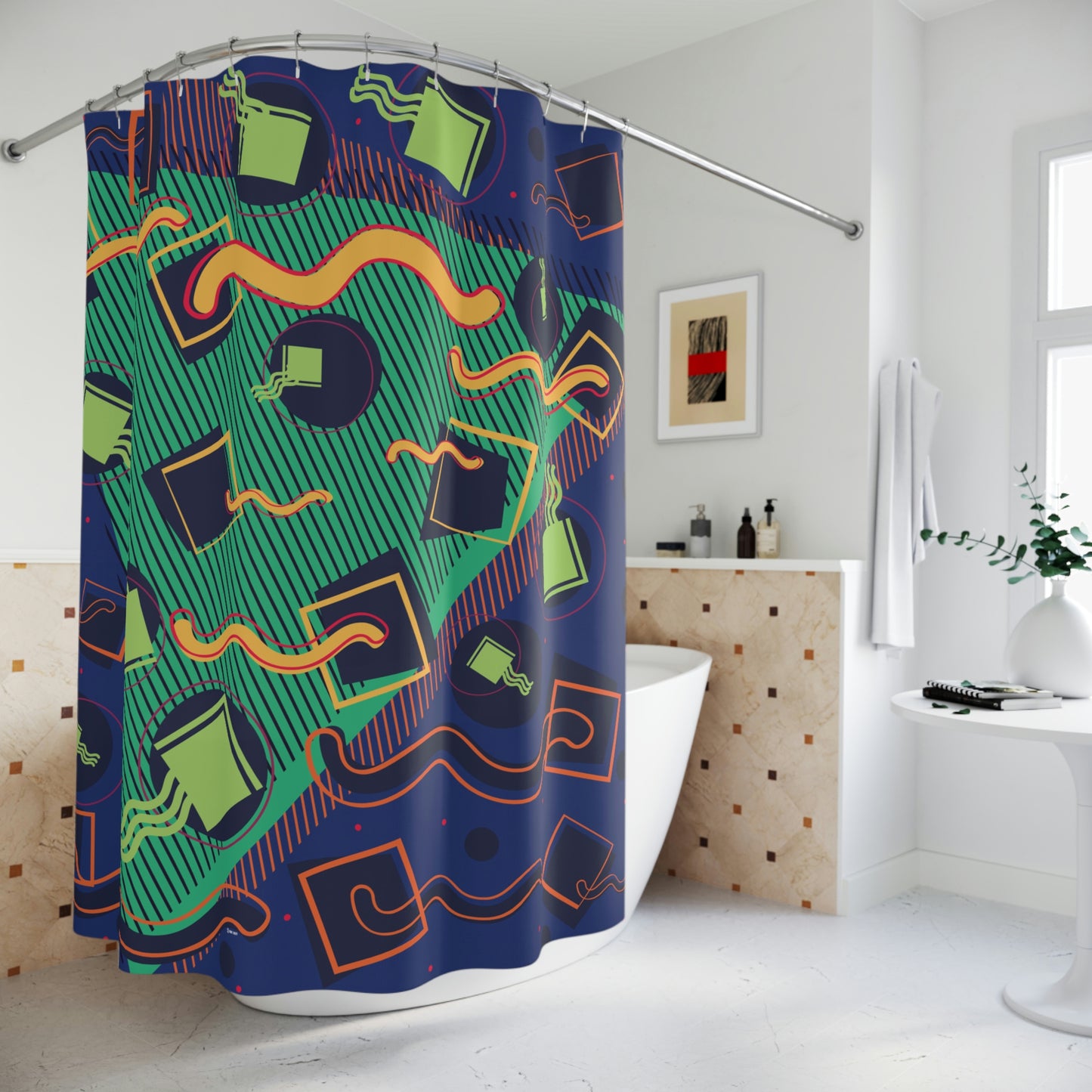 Polyester Shower Curtain Retro 1980s Abstract Geometric Design Bermuda Fish and Bait