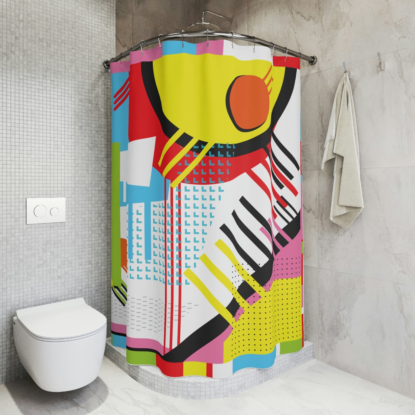 Polyester Shower Curtain Retro 1980s Abstract Geometric Design Sunshine