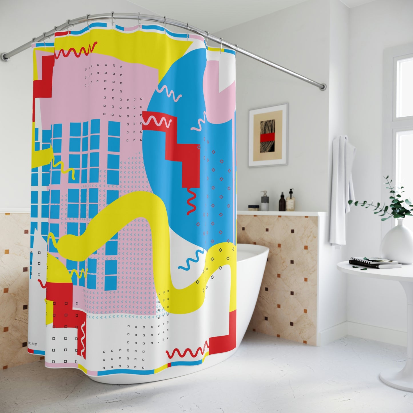 Pink and Yellow Polyester Shower Curtain Retro 1980s Abstract Geometric Design