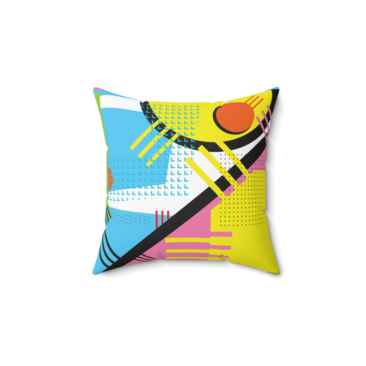 Yellow Blue Pink Eggs and Tines Pattern 1980s Retro Square Pillow