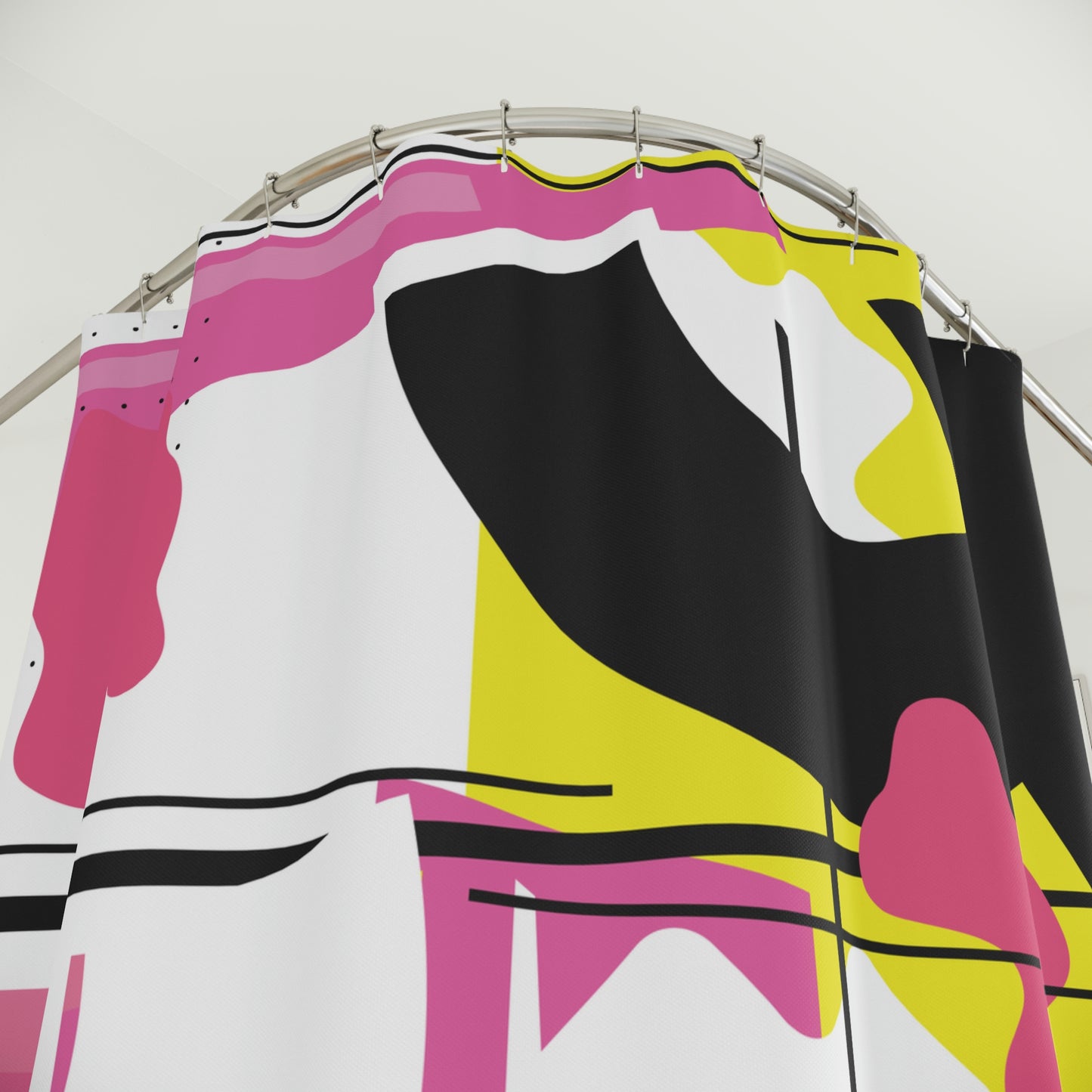 Polyester Shower Curtain Retro 1980s Abstract Geometric Design - Pink, Yellow, and Black