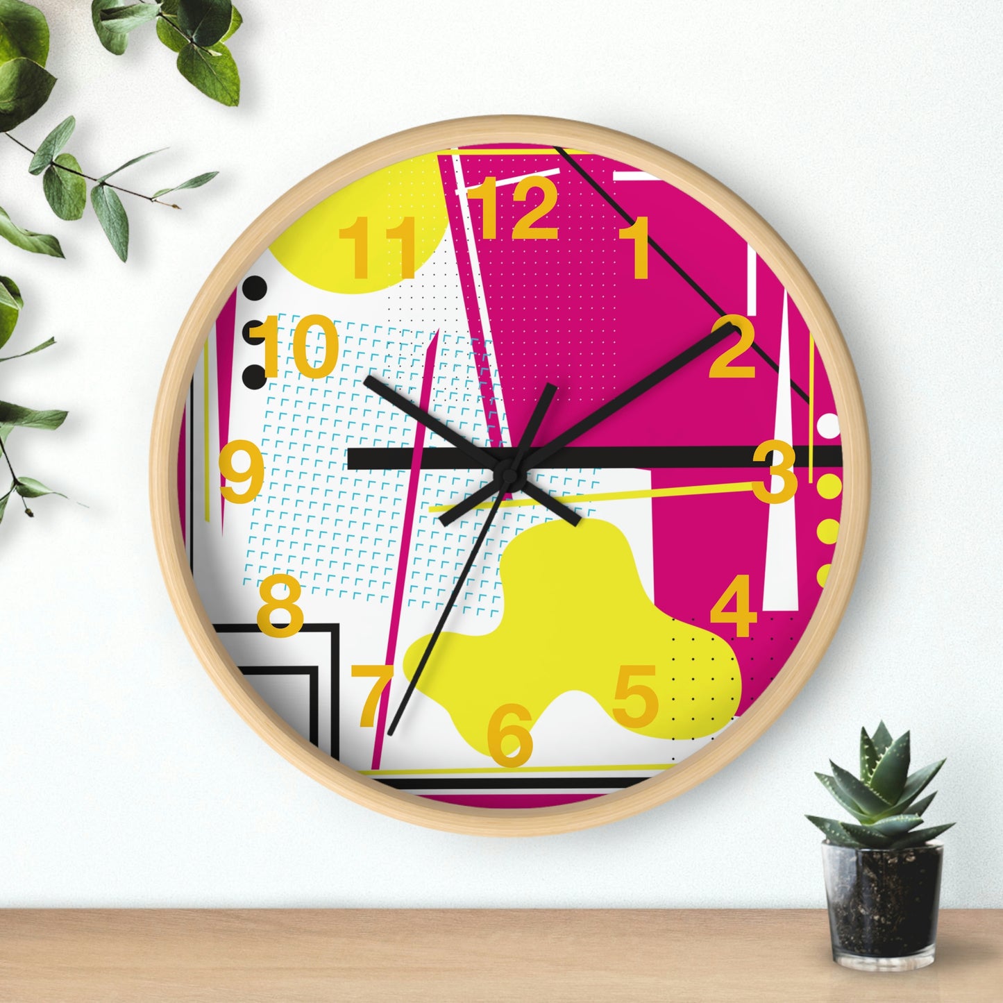 Hot Pink and Yellow Retro Inspired 1980s Wall Clock