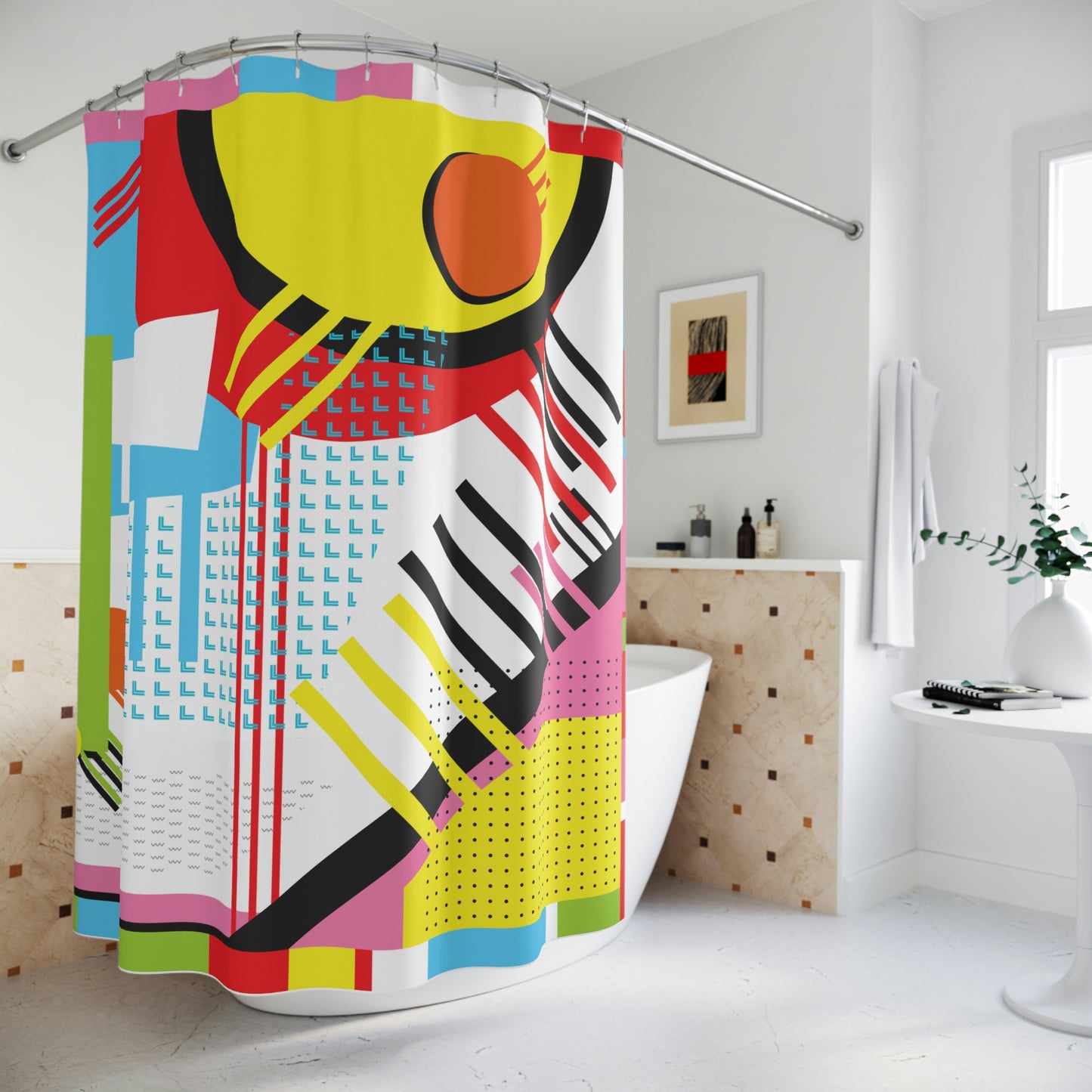 Polyester Shower Curtain Retro 1980s Abstract Geometric Design Sunshine