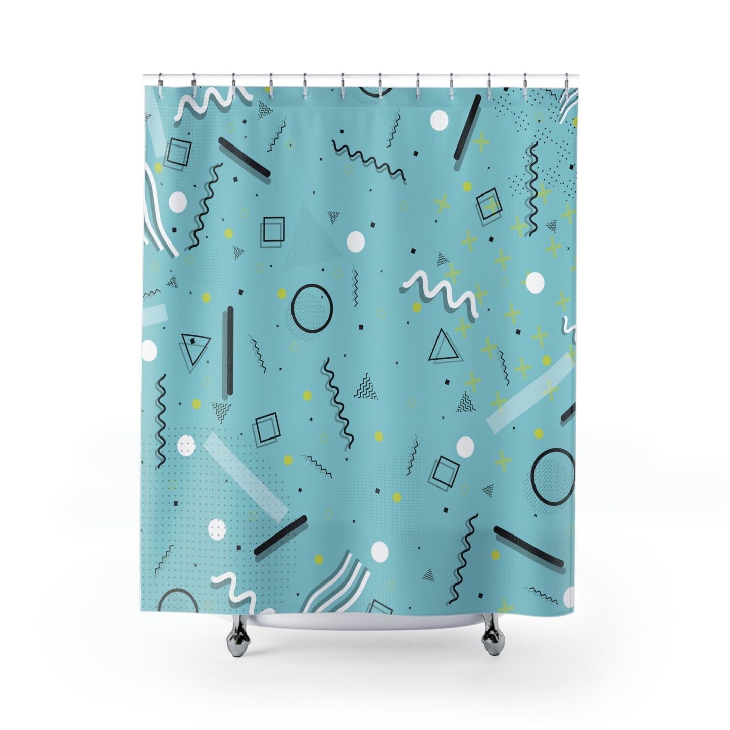 Shower Curtains 1980 Retro Abstract Graphic Art - Blue Yellow Plus