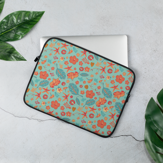 Teal and Orange Flowers and Turtles Laptop Sleeve