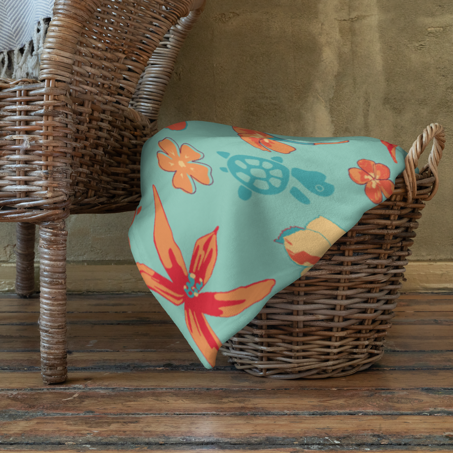 Teal and Orange Flowers and Turtles Throw Blanket